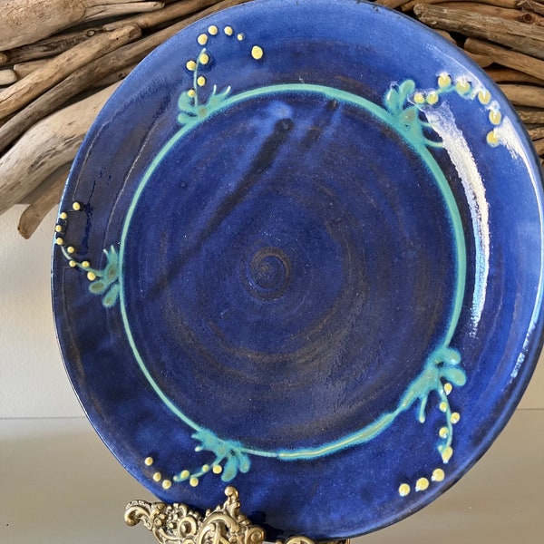 Vintage Earthworks Studio Pottery Barbados Cobalt Blue Glazed 9” Plate  with Handpainted Yellow Flowers