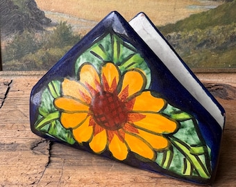 Vintage Talavera Pottery Napkin Holder – Hand Painted Sunflower – Folk Art Pottery – Colorful Kitchen Decor