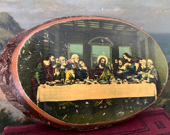 Vintage "Last Supper" Lithograph on Cedar Wood by J.B. Deere