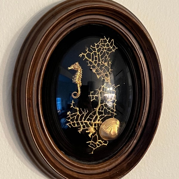 Vintage Handmade Hawaii Dipped in Gold- Miniature Botanical Framed Art- Maui Art by Saburo Inc - Seahorse ,Clam Shell, Ocean Fern