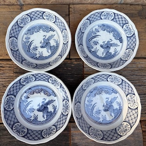 Set of 4 Antique Furnivals “Old Chelsea Blue” Dessert Bowls – Blue & White Birds, Oriental Chinoiserie Pattern – English Ironstone China 5”
