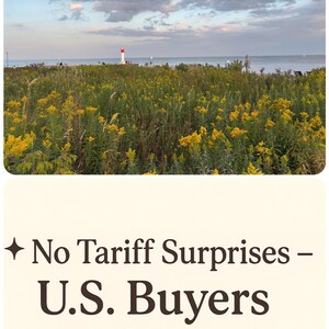 May include: A scenic landscape featuring a field of yellow wildflowers, a red and white lighthouse, and a body of water under a cloudy sky. Text reads: "No Tariff Surprises - U.S. Buyers Welcome!"