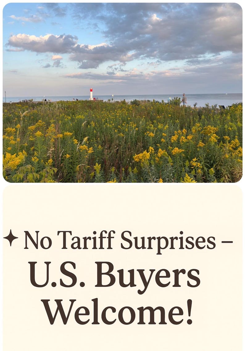 May include: A scenic landscape featuring a field of yellow wildflowers, a red and white lighthouse, and a body of water under a cloudy sky. Text reads: "No Tariff Surprises - U.S. Buyers Welcome!"