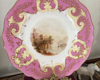 Antyczny, ręcznie malowany talerz gabinetowy Copeland z XIX wieku – angielska porcelana, 1850–1894, romantyczny pejzaż w stylu wiktoriańskim