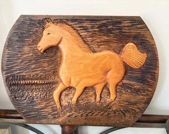 Hand Carved Wooden Horse Plaque | Solid Wood Folk Art Relief, Rustic Equestrian Decor