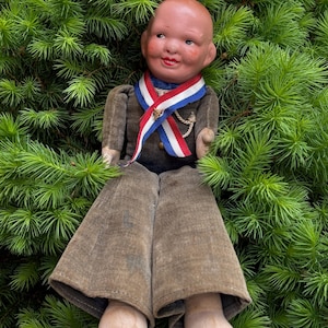 Vintage 1930 Norah Wellings Jolly Boy Sailor Doll – 10” Navy Velvet with French Flag – Vintage  English Souvenir Doll