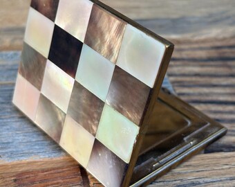 Vintage Marhill Mother of Pearl Compact – 1950s Checkerboard Powder Case Mirror