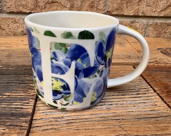 Anthropologie Dawn Monogram Mug | Blue Watercolor Pansy Floral Letter E Ceramic Cup