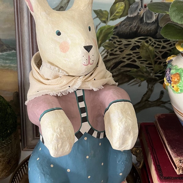 12” Vintage Easter Bunny Handpainted Paper Mache White Easter Bunny with Blue Apron with white Polka Dots  - Easter Home Decor