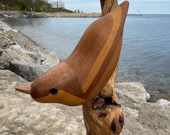 Hand-Carved Wood Nuthatches Sculpture – Norman Peterson Folk Art (1986)