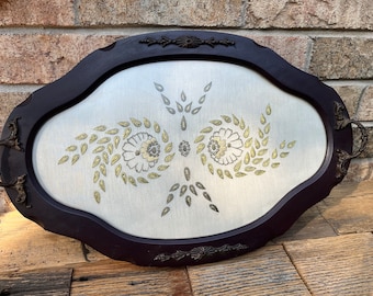 Vintage Wood Gold Flowers Embroidered Linen Brass Handled Serving/Vanity Tray 18” x 12”