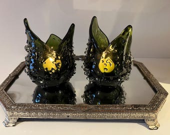 Partylite Dark Green Art Glass Flower Candle Holders — Sculptural Bubble Texture — Pair of Vintage Tealight Holders
