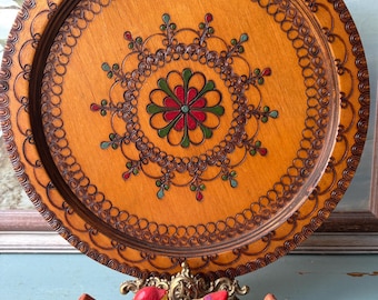Vintage Carved Wood Plate 13” Polish Folk Art Wall Decor (1970)