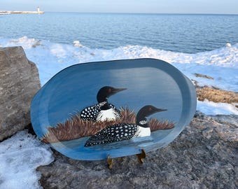 Vintage Original Folk Art Wooden Tray – Hand Painted Loons – Signed Sandi Scott 1990