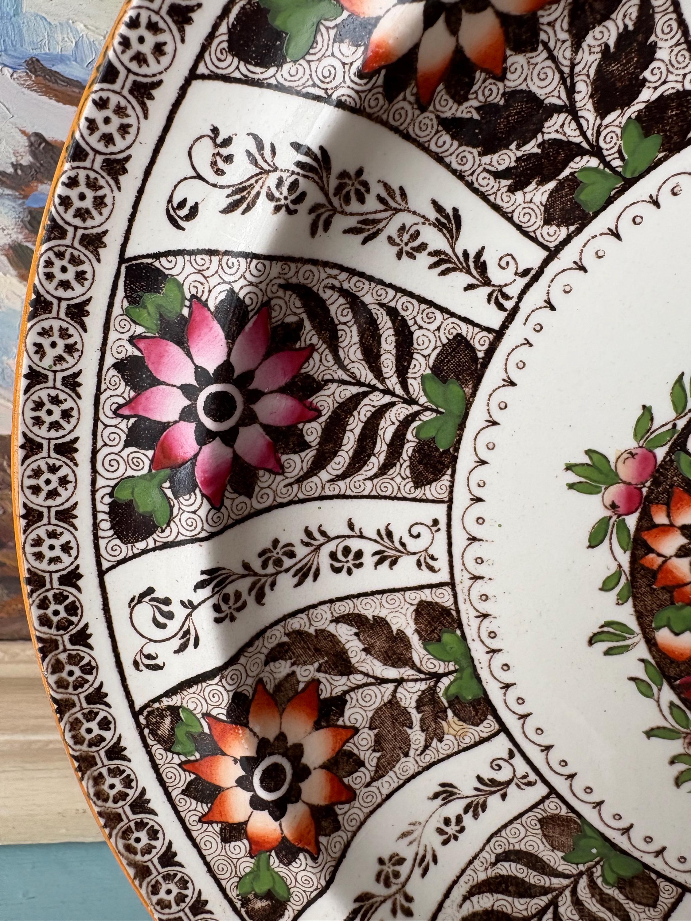 アンティーク ウェッジウッド プレート：19世紀の手描き花柄転写皿