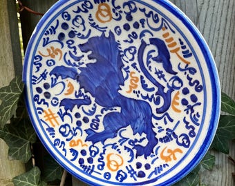 Vintage Hand-Painted Gryphon Plate: Cobalt Blue Ceramic Wall Art