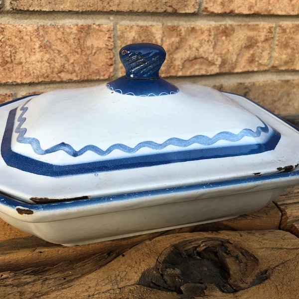 Vintage KLAFRESTROM Enamel Cast Iron Casserole Dish White and Blue -Mid Century Sweden- Farmhouse Kitchen Vintage  50's