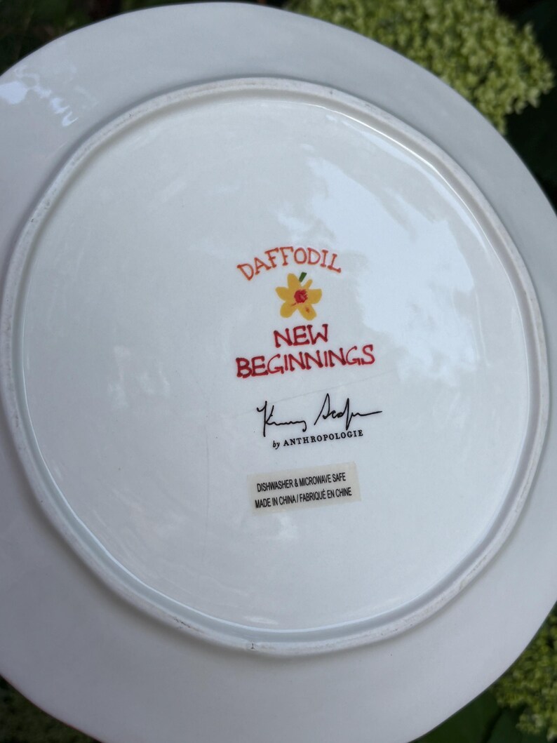 Może przedstawiać: Biały ceramiczny talerz z napisem "DAFFODIL NEW BEGINNINGS" w kolorze czerwonym i ż&oacute;łtym. Talerz ma kwiatowy wz&oacute;r i podpis. Talerz jest od Anthropologie.