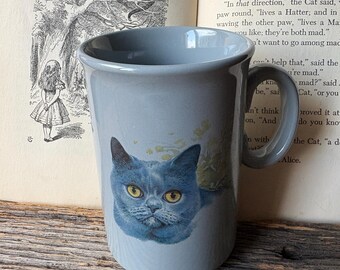 Vintage Stoneware Mug – British Shorthair Cat Illustration, England Pottery