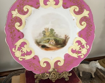 Antyczny, ręcznie malowany talerz gabinetowy Copeland z XIX wieku – angielska porcelana, 1850–1894, romantyczny pejzaż w stylu wiktoriańskim