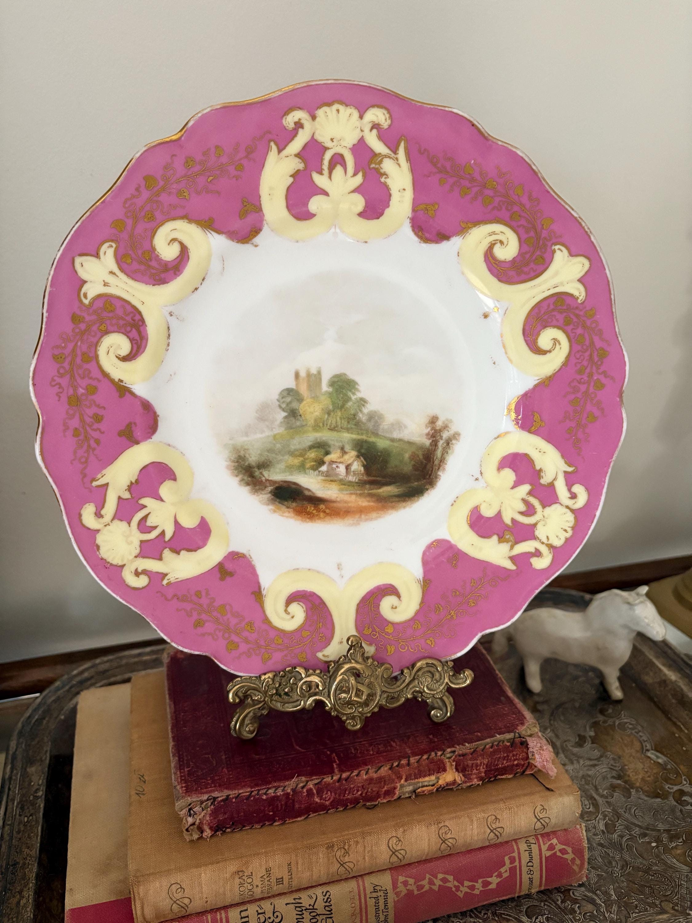 * antique plate ୨୧* フラワーレリーフ アンティークプレート Antique French Transferware Plates, Peacock Floral Design, Set of