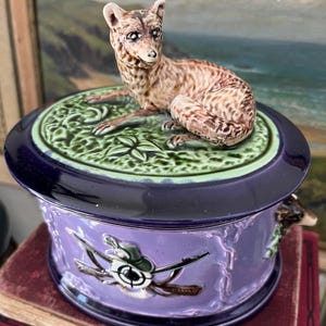 majolica tobacco jar Antique French in by Sarreguemines, 1885 Vintage Humidor Tobacco Storage Jar