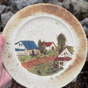 Vintage HUBERT du ROSCOAT Signed Hand Painted Rustic Etched Plate Wall Hanging - French Canadian Pottery Art- Cottage with Blue Roof Scene