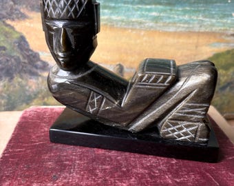 Vintage Polished Obsidian Sculpture – Reclining Figure – Hand Carved Stone Art – Modernist Decor