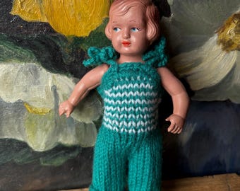Vintage Plastic Girl Doll | Hand-Knitted Outfit, Folk Art Decor