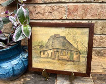 Antique Hand Drawn Reproduction of Van Gogh The Cottage, Tatched Roof Hut, Charming Rural Scene- Farmhouse Decor