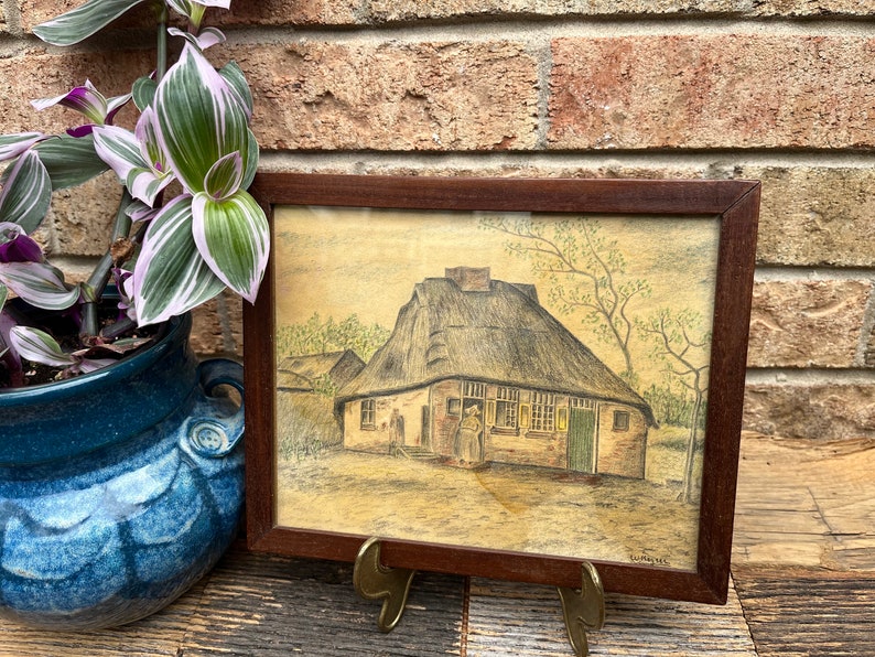 Antique Hand Drawn Reproduction of Van Gogh The Cottage, Thatched Roof Hut, Charming Rural Scene Farmhouse Decor zdjęcie 1