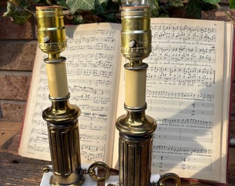 Vintage Brass & Marble Table Lamps – Matching Pair | Candle Style Boudoir Lamps | Hollywood Regency Decor