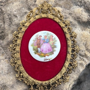 Vintage Limoges Porcelain Medallion: Baroque Gold Frame, Red Velvet Wall Art