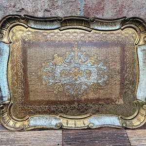 Vintage Italian Florentine Serving Tray – Gold White Ornate Vanity or Wall Art – Bar Cart Décor – Retro Kitchen or Coffee Table Display