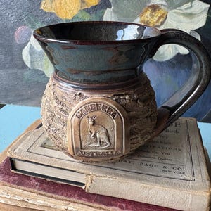 Vintage Blue Forest Pottery Mug – Canberra Australia Souvenir – Textured Kangaroo Mug