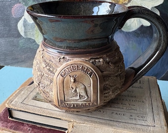 Vintage Blue Forest Pottery Mug – Canberra Australia Souvenir – Textured Kangaroo Mug
