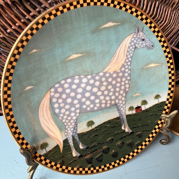 Vintage Warren Kimble Polka Dot Dapple Gray Horse  Decorative Plate - Folk Art Barnyard Animals Wall Decor - 8 1/4" , 1994 Farmhouse Decor