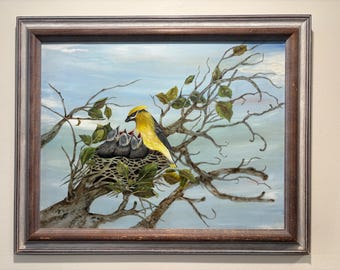 Vintage Original Waxwings Bird Painting – Signed Nature Artwork on Board – Bird Nest with Chicks – Woodland Wildlife Wall Art – Framed