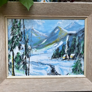 Original Winter Mountain Cabin Painting | Hand-Painted Canadian Landscape Art | Snowy Alpine Forest Scene | Rustic Lodge Wall Decor | Framed