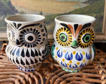 Taza vintage de búho pintada a mano: Jarrón de cerámica de arte popular, portalápices de búho, maceta para suculentas con forma de búho