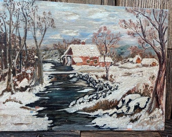 Vintage origineel olieverfschilderij op canvasbord - Winterlandschap met een huisje en een rivier - Ondertekend Yolli