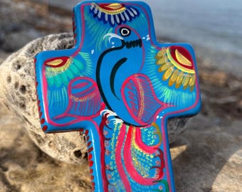 Hand-Painted Mexican Pottery Cross: Blue Bird Floral Wall Decor