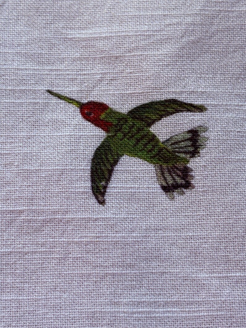 Puede incluir: Bordado detallado de un colibr&iacute; en vuelo, con cabeza roja, cuerpo verde y alas oscuras. El ave se encuentra sobre un fondo de tela beige claro y texturizado, mostrando los colores vibrantes y el bordado.