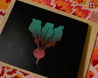 Hand carved and printed Radish cards