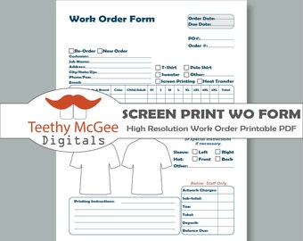 Work Order Form for Screen Printing - Instant Download Printable Business Tool