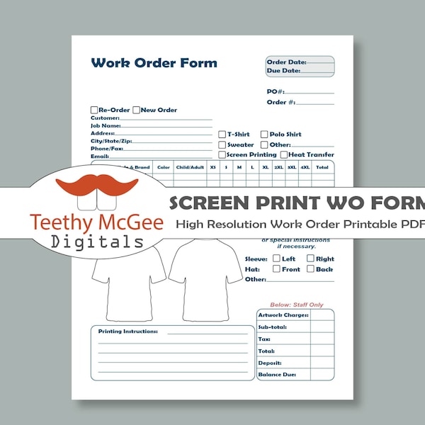 Work Order Form for Screen Printing - Instant Download Printable Business Tool