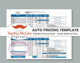 Automatic Price Template - Instant Download Editable - Materials List Automatically Fills in Costs & Calculates Price with Etsy/PayPal Fees