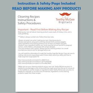 May include: A white sheet of paper with black text outlining safety instructions for making cleaning products. The text includes the title "Cleaning Recipes, Instructions & Safety Procedures" and the phrase "Important - Read First Before Making Any Recipe". The text also includes a list of safety tips and a disclaimer.