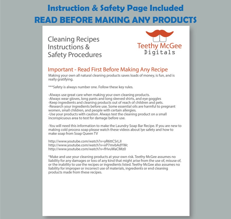 May include: A white sheet of paper with black text outlining safety instructions for making cleaning products. The text includes the title "Cleaning Recipes, Instructions & Safety Procedures" and the phrase "Important - Read First Before Making Any Recipe". The text also includes a list of safety tips and a disclaimer.