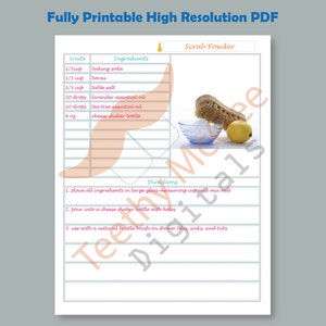 May include: Printable recipe card for homemade scrub powder. The ingredients include baking soda, borax, table salt, lavender essential oil, tea tree essential oil, and a cheese shaker bottle. The directions are to mix all ingredients in a large glass measuring cup, pour into a cheese shaker bottle with holes, and use with a natural bristle brush on shower tiles, sinks, and tubs.
